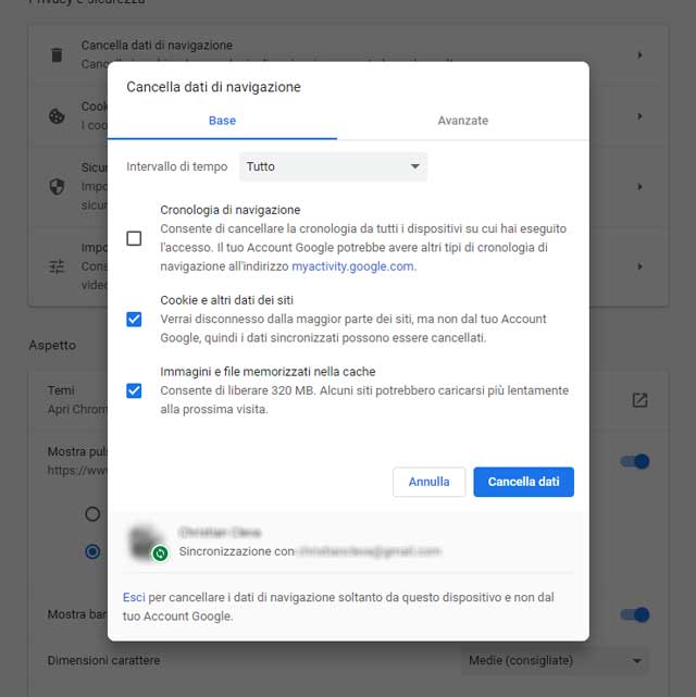 cancellare cache chrome